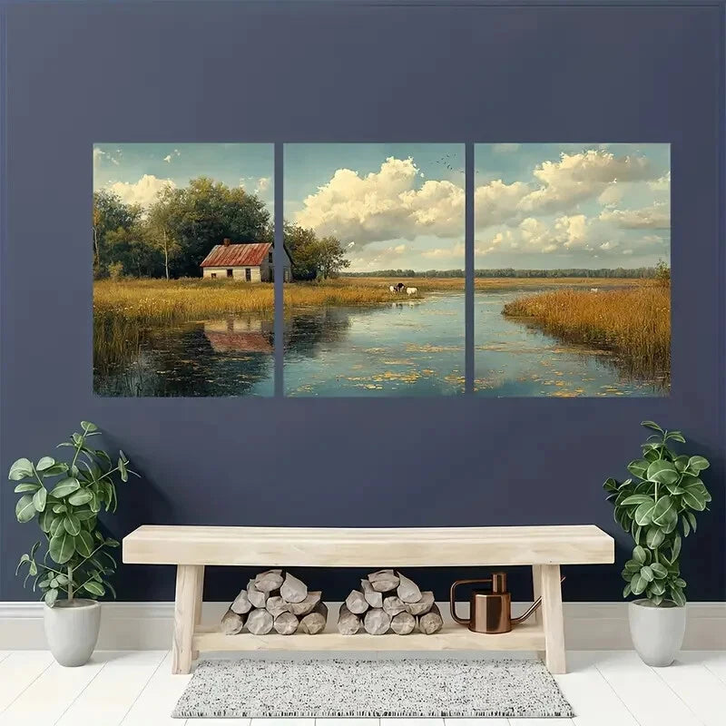 3pcs Rustic Cows at a Pond Pastoral Landscape Metal Print Ready to Hang Art