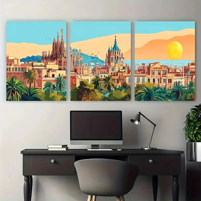 3pcs Vibrant Barcelona Architecture Cityscape Metal Print Ready to Hang Art