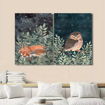 2pcs Decorative Painting, Nocturnal Animals, Cute Style Canvas Framed 50x75cm - High Quality Print 100% Australian Made Wall Canvas Ready to Hang