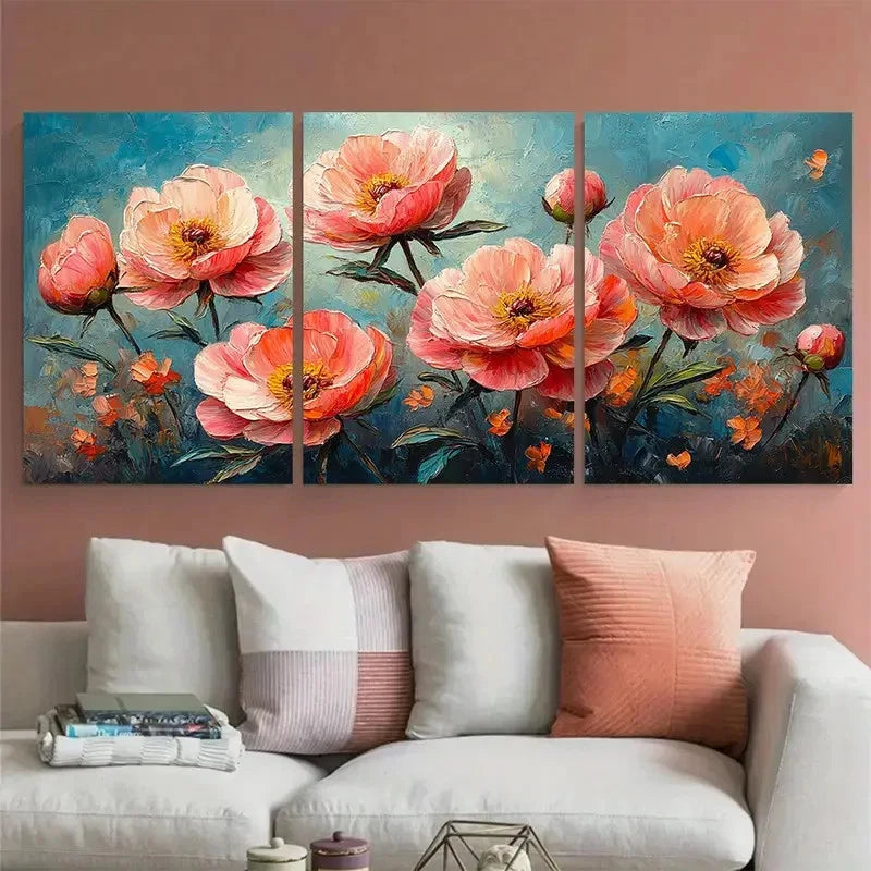 3pcs Pink Peony Flowers Abstract Wall Art Set Canvas Framed 50x70cm - High Quality Print 100% Australian Made Wall Canvas Ready to Hang