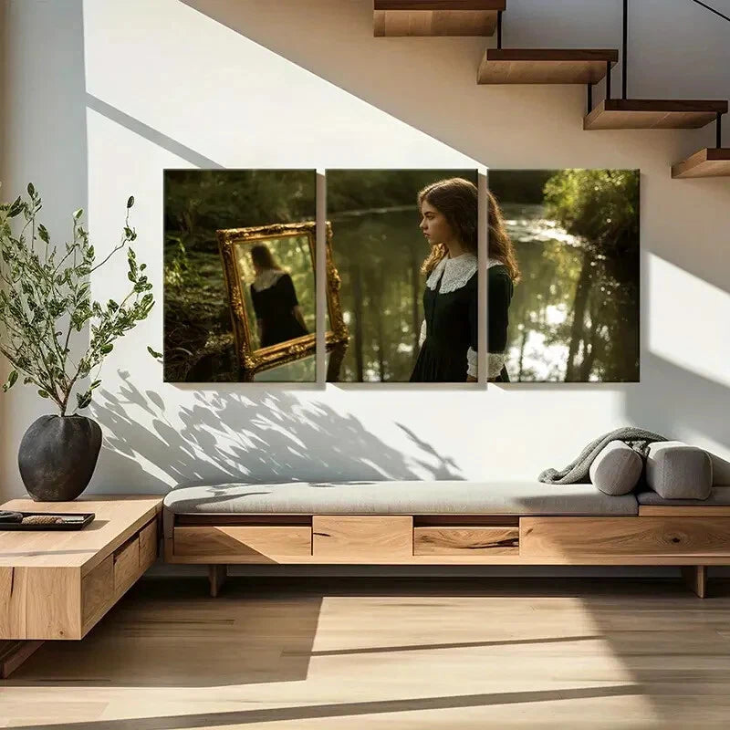 3pcs Woman Reflection Mirror Forest Scene Metal Print Ready to Hang Art