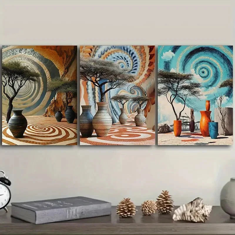 3pcs African Pots And Vases Painting Metal Print Ready to Hang Art