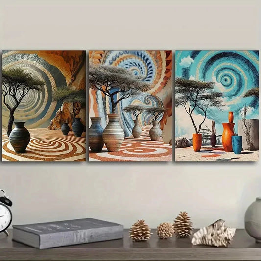 3pcs African Pots And Vases Painting Metal Print Ready to Hang Art