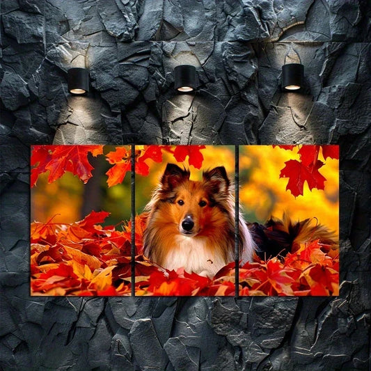 3pcs Shetland Sheepdog Laying in Pile of Leaves Metal Print Ready to Hang Art