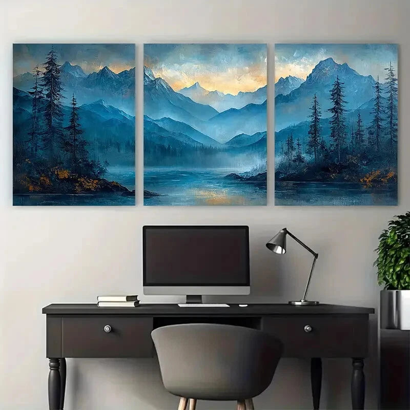 3pcs Abstract Mountain with Lake Landscape Metal Print Ready to Hang Art
