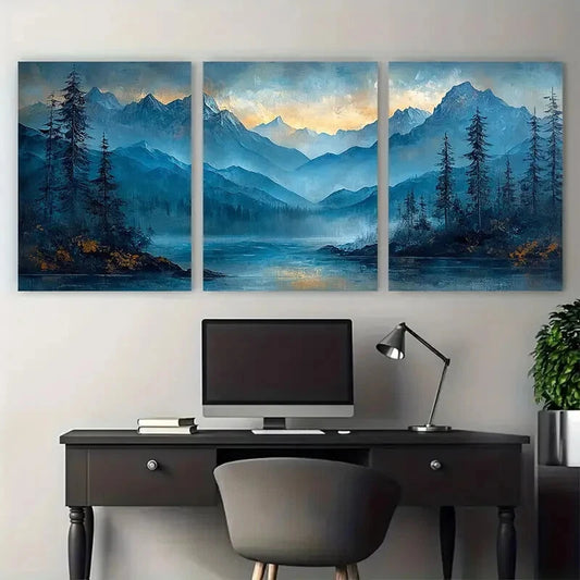 3pcs Abstract Mountain with Lake Landscape Metal Print Ready to Hang Art