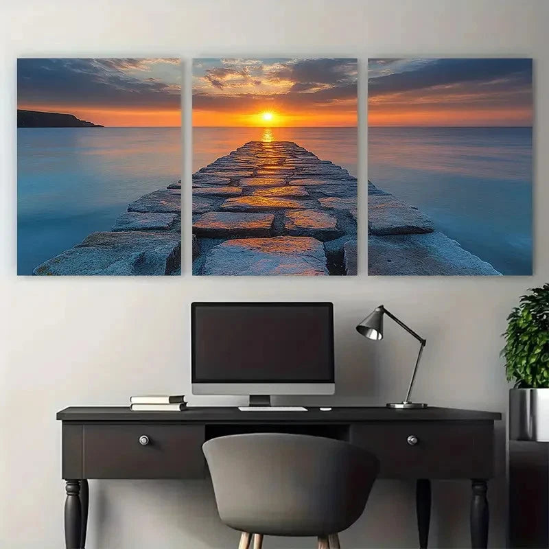 3pcs Porthleven Seascape Sun Rays Over Stone Pier Metal Print Ready to Hang Art