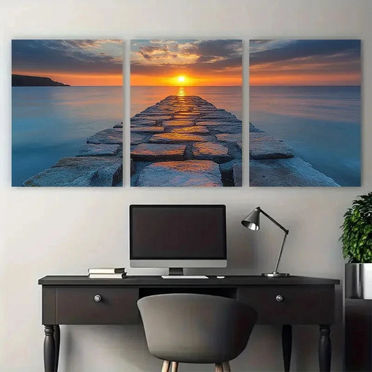 3pcs Porthleven Seascape Sun Rays Over Stone Pier Metal Print Ready to Hang Art