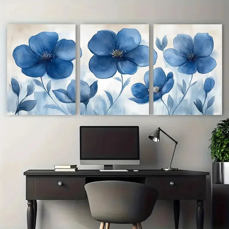 3pcs Elegant Blue Botanical Illustration Metal Print Ready to Hang Art