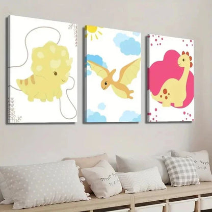 3pcs Cute Cartoon Dinosaur Art Flying Dinosaur Wall Art Set Canvas Unframed - High Quality Print 100% Australian Made Wall Canvas