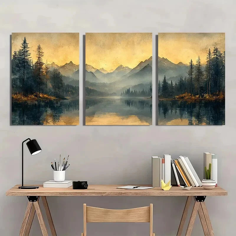 3pcs Dark moody Wooden Landscape Poster Metal Print Ready to Hang Art