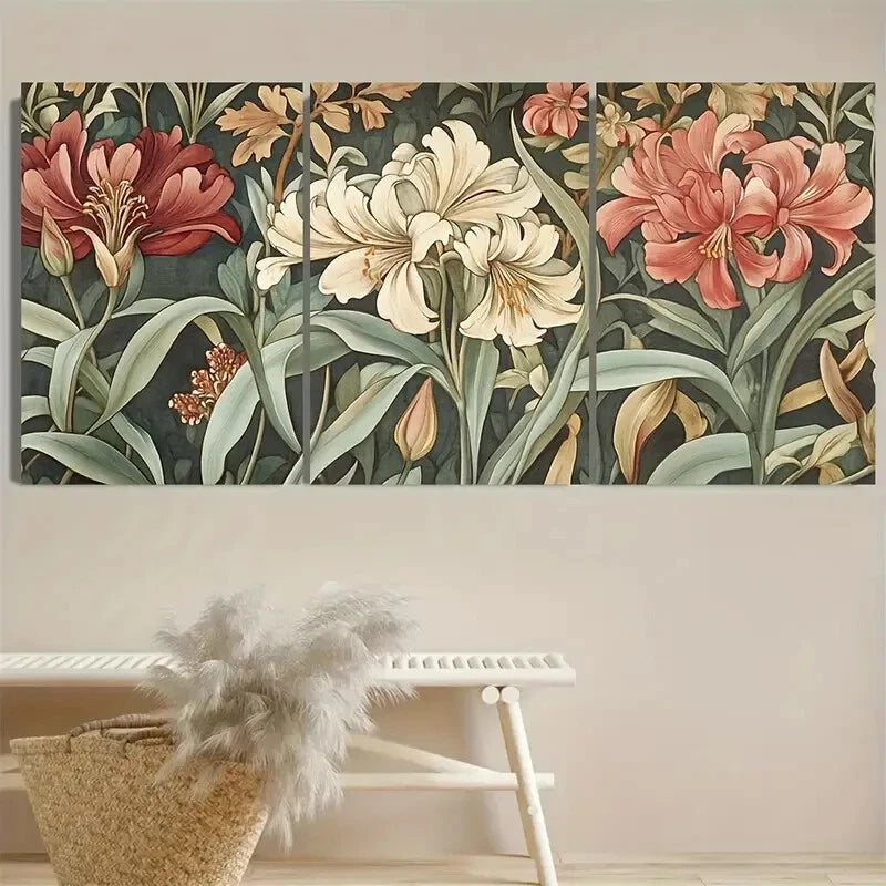 3pcs Vibrant Honeysuckle & Tulip Florals Design Metal Print Ready to Hang Art