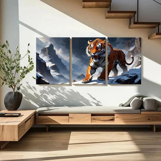 3pcs Snow Mountains & Angry Tiger Wall Art Set Canvas Framed 40x60cm - High Quality Print 100% Australian Made Wall Canvas Ready to Hang