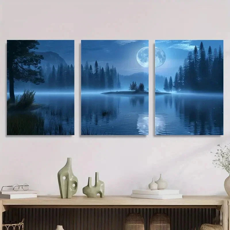 3pcs Moonlit Forest Lake Blue Water & Full Moon Metal Print Ready to Hang Art