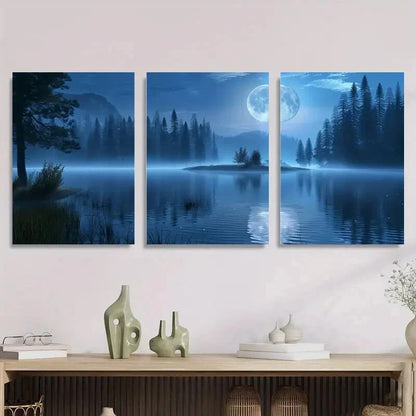3pcs Moonlit Forest Lake Blue Water & Full Moon Metal Print Ready to Hang Art
