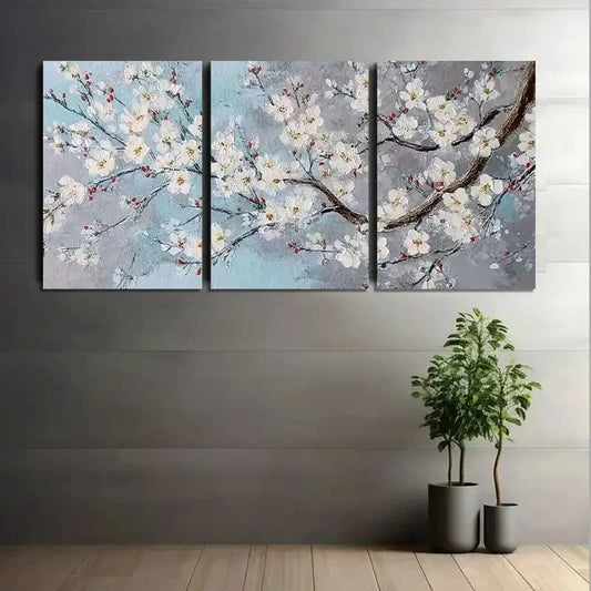 3pcs Cherry Blossom Painting on Grey Background Metal Print Ready to Hang Art