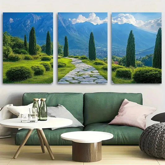 3pcs Cypress Trees In Lush Mountain Valley Metal Print Ready to Hang Art