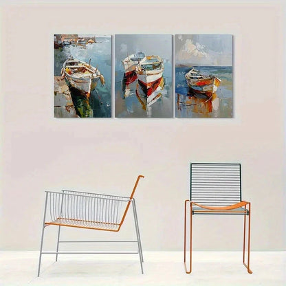 3pcs Abstract Coastal Scene Boat Metal Print Ready to Hang Art