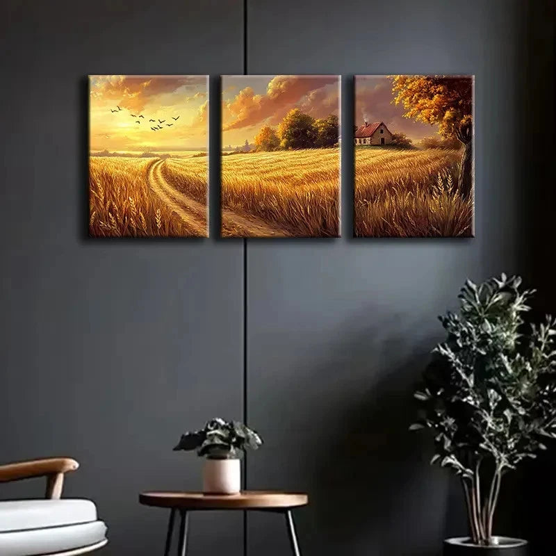 3pcs Serene Sunset Landscape with Farmhouse & Bird Metal Print Ready to Hang Art