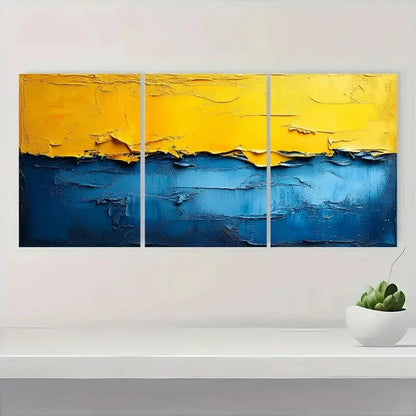 3pcs Minimalist Abstract Blue & Yellow Geometric Metal Print Ready to Hang Art