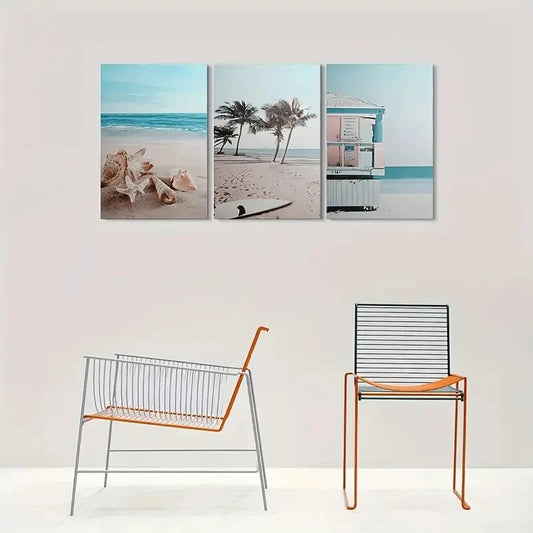 3pcs Ocean View Palm Trees Seashells & Surfboard Metal Print Ready to Hang Art
