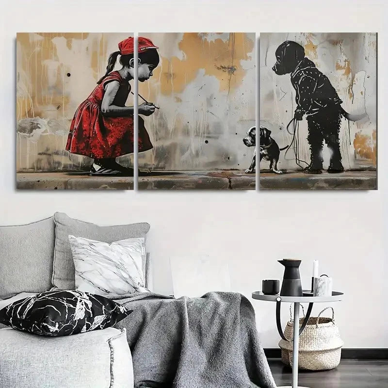 3pcs Street Art Girl with Dog Wall Art Set Canvas Framed 40x60cm - High Quality Print 100% Australian Made Wall Canvas Ready to Hang
