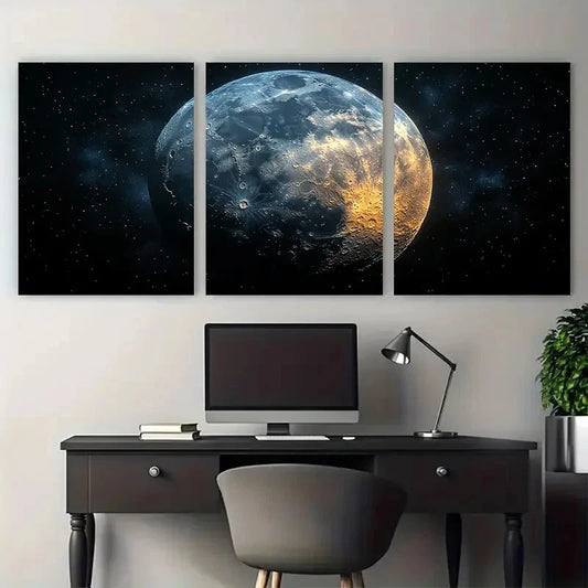 3pcs Detailed Lunar Surface with Stars Design Metal Print Ready to Hang Art