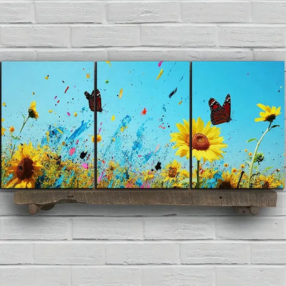 3pcs Charming Trio Sunflowers & Butterflies Metal Print Ready to Hang Art