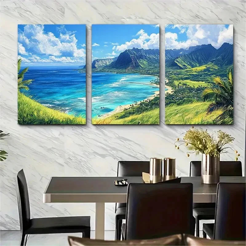 3pcs Hawaii Scenic Landscape Oahu Beach & Mountain Metal Print Ready to Hang Art