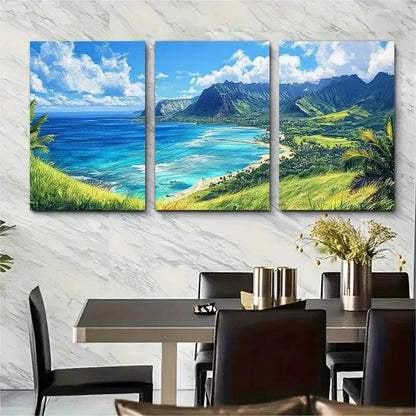 3pcs Hawaii Scenic Landscape Oahu Beach & Mountain Metal Print Ready to Hang Art