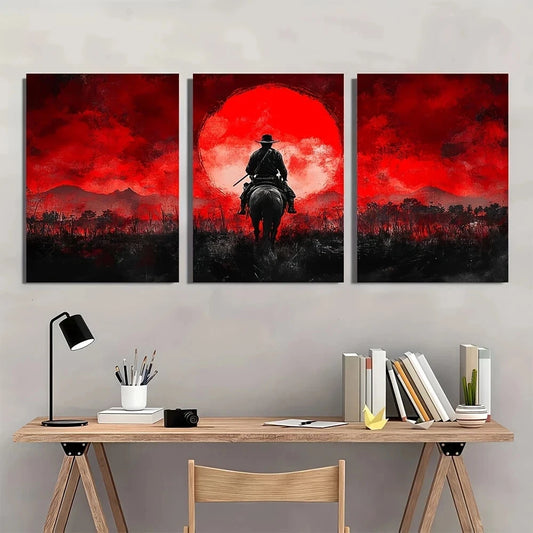 3pcs Japanese Cowboy Wild West Samurai Mashup Metal Print Ready to Hang Art