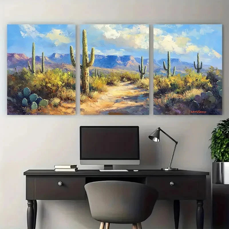3pcs Saguaro Cactus Landscape Impasto Design Wall Art Set Canvas Framed 60x90cm - High Quality Print 100% Australian Made Wall Canvas Ready to Hang
