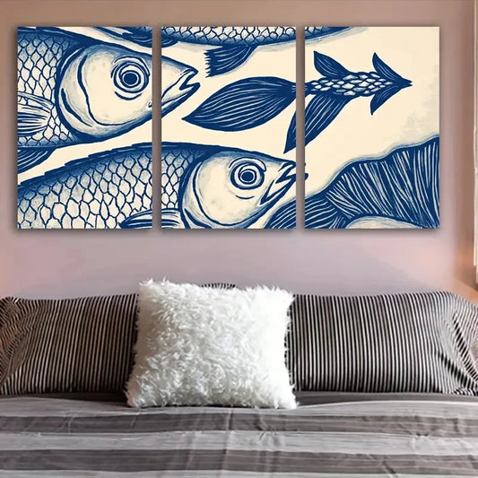 3pcs Blue and White Fish Navy Blue & Beige Tones Metal Print Ready to Hang Art