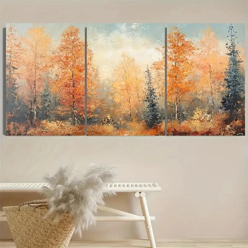 3pcs Vibrant Autumn Forest Foliage Design Metal Print Ready to Hang Art