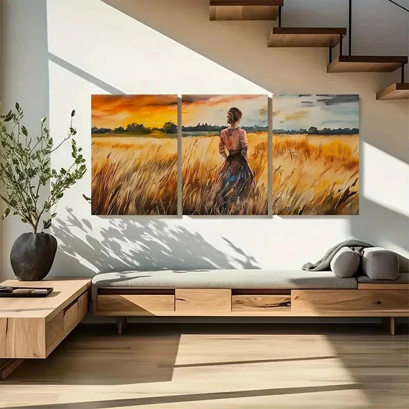 3pcs Dramatic Girl on  Wheat Field Metal Print Ready to Hang Art
