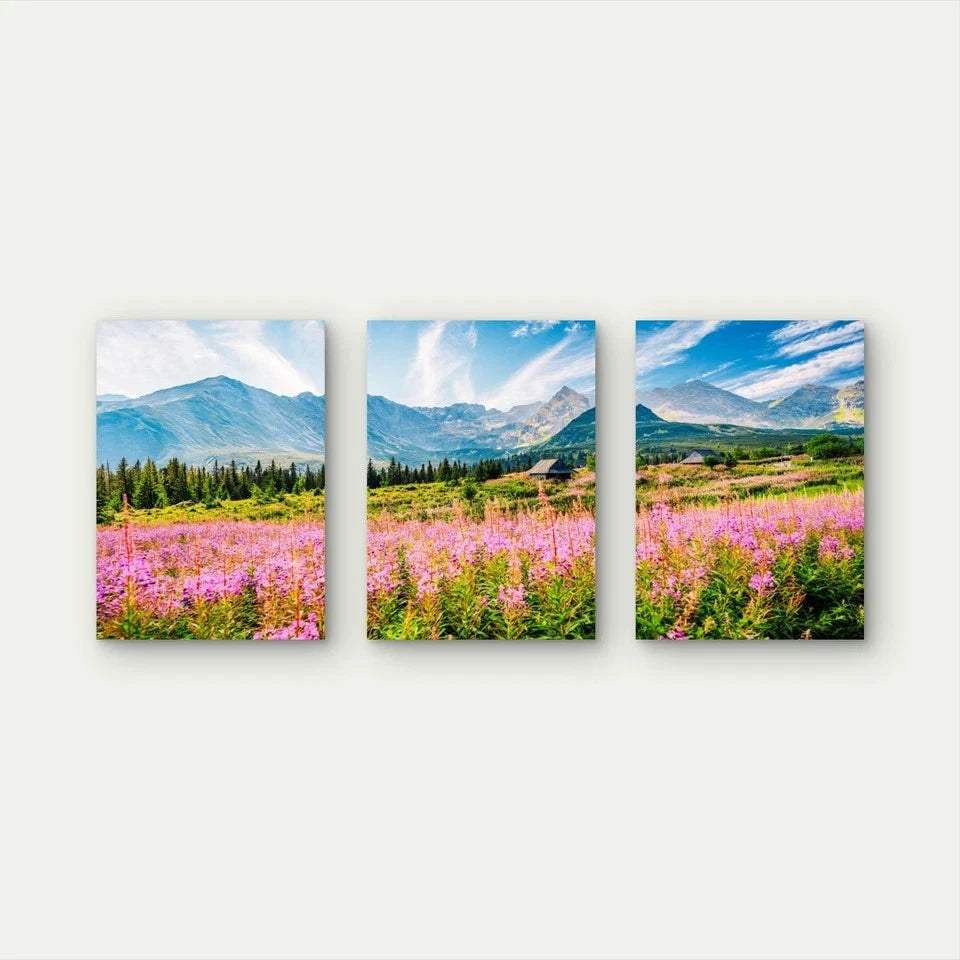 3pcs Purple Wildflowers In Mountain Valley Wall Art Set Canvas Framed 60x90cm - High Quality Print 100% Australian Made Wall Canvas Ready to Hang