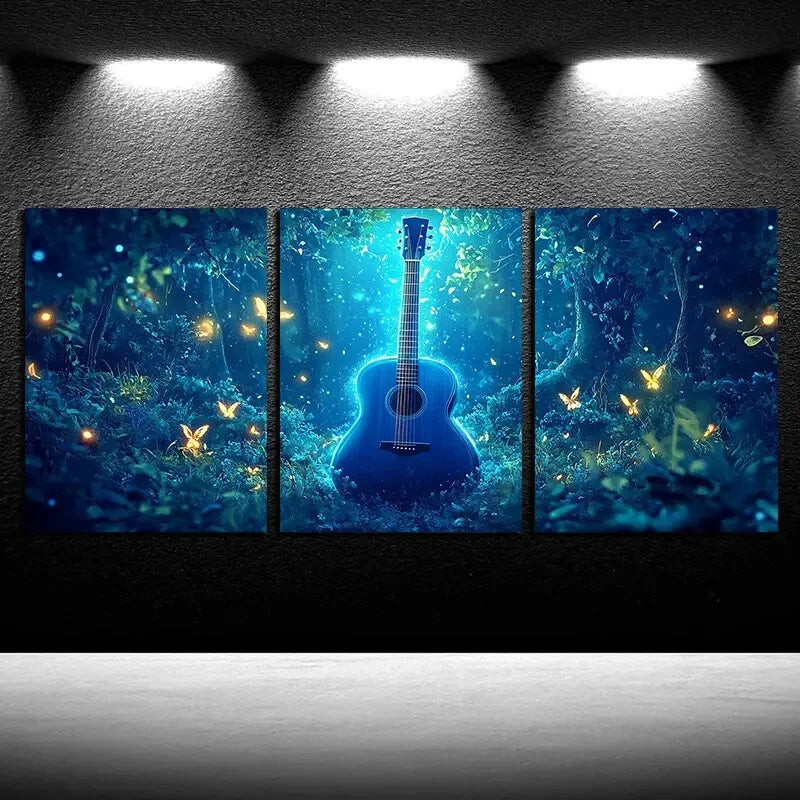 3pcs Guitar in the Forest with Fireflies Design Metal Print Ready to Hang Art