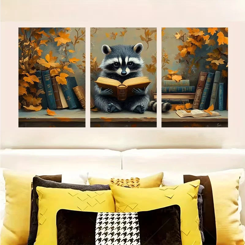 3pcs Whimsical Reading Raccoon Metal Print Ready to Hang Art