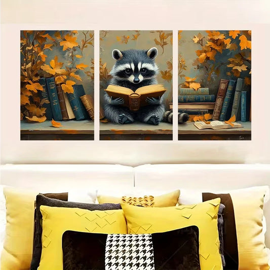 3pcs Whimsical Reading Raccoon Metal Print Ready to Hang Art