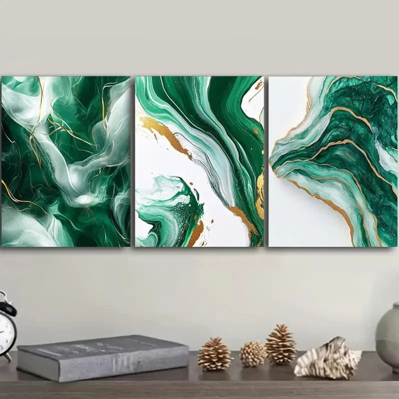 3pcs Featuring Green And White Swirls Metal Print Ready to Hang Art