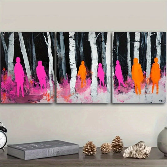 3pcs Vibrant Pink Silhouette Woodland Scene Metal Print Ready to Hang Art