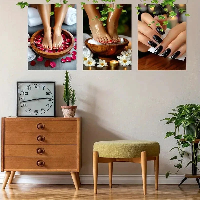 Room interior with wooden dresser, green stool, and decorative elements.
