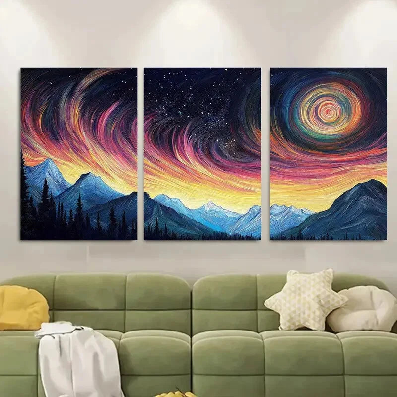 3pcs Starry Sky Over Rugged Mountains Metal Print Ready to Hang Art