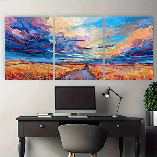 3pcs Dramatic Sky over a Road in Wheat Field Metal Print Ready to Hang Art