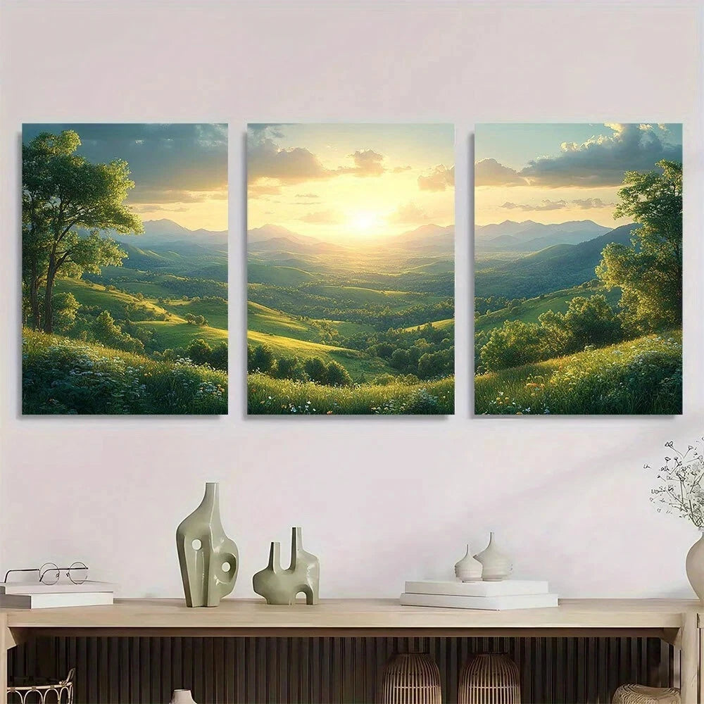3pcs Rolling Green Hills & Sunrise Metal Print Ready to Hang Art