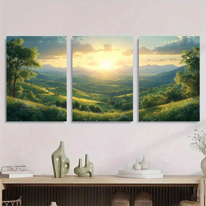 3pcs Rolling Green Hills & Sunrise Metal Print Ready to Hang Art