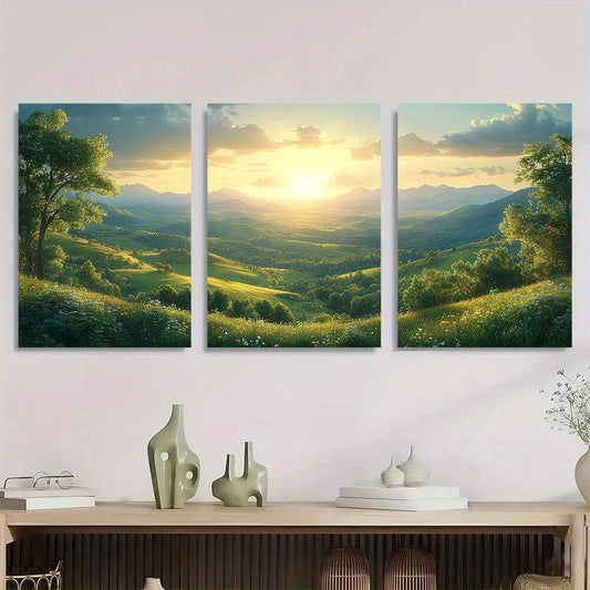 3pcs Rolling Green Hills & Sunrise Metal Print Ready to Hang Art