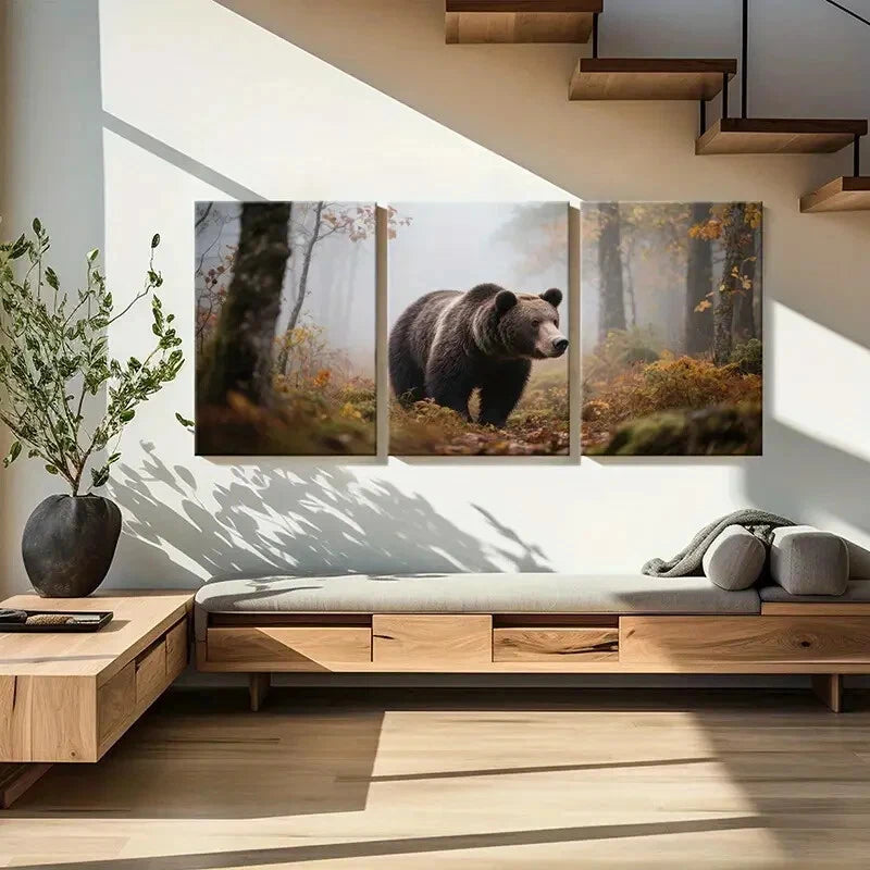 3pcs Forest Bear Art Wildlife Decor Autumn Scene Metal Print Ready to Hang Art