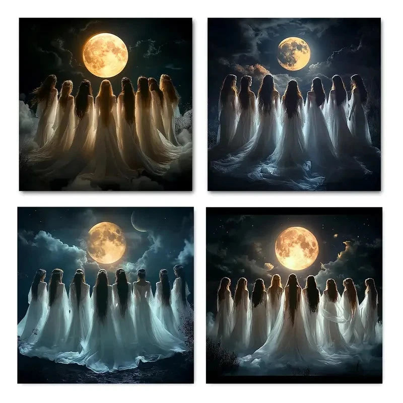 4pcs moon is shining brightly and seven women Wall Art Canvas Framed