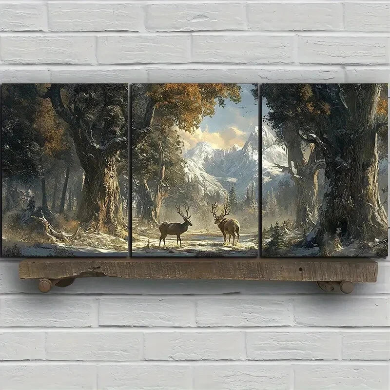 3pcs Foxes And Deer in The Winter Forest Metal Print Ready to Hang Art